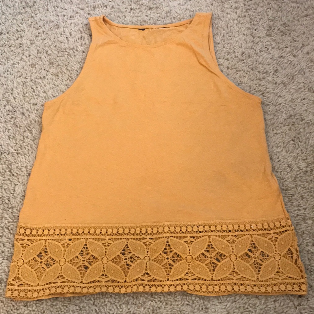 Mustard yellow tank top, with crochet trip